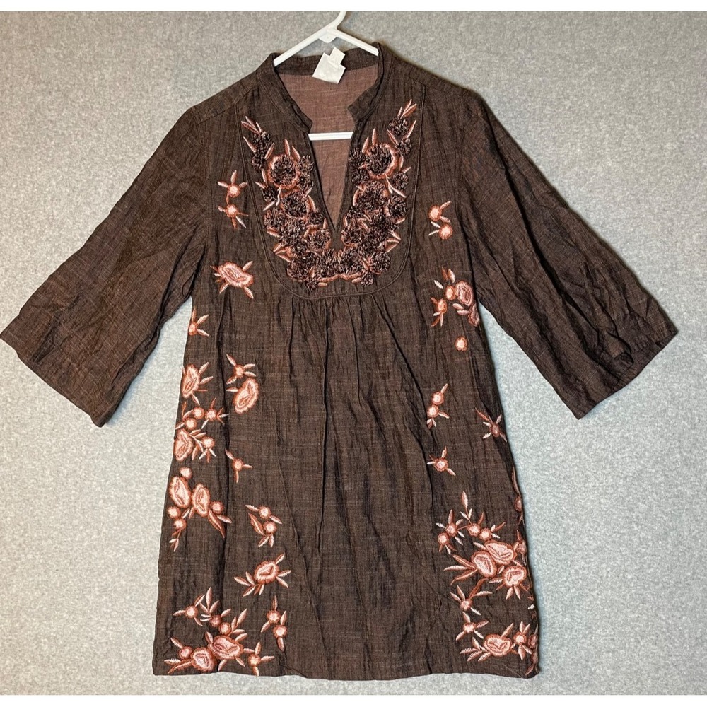 Ivy Jane Tunic Dress Embroidered Floral Small Textured Linen Blend Brown Hippie